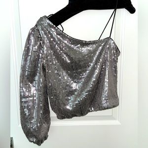 Alice and Olivia cropped one shoulder sequin top size XS